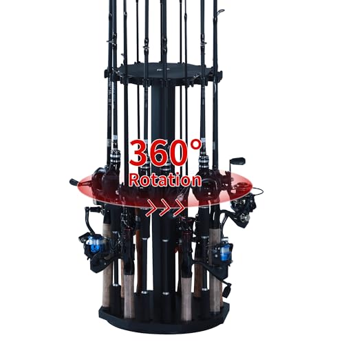 360° Rotating Wood Fishing Rod Holder, Black Round Fishing Pole Rack, Floor-Standing Fishing Rack Stores 16 Rods, Fishing Pole Storage Organizer for Garage, Basement, or Shed, Easy to Install - color: Black, size: Round
