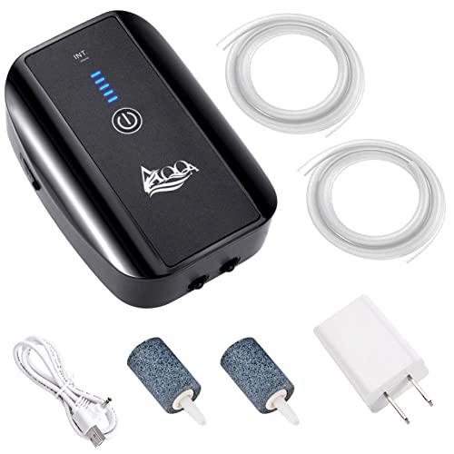 AQQA Aquarium Air Pump Battery Rechargeable Fish Air Pumps Portable Bubbles Oxygen Pump Aquarium Aerator Fresh & Saltwater Aquariums Air Pumps with Air Stone, Tubes, USB Cable (5W for 1-160Gal Tank) - size: 5W for 1-160Gal tank