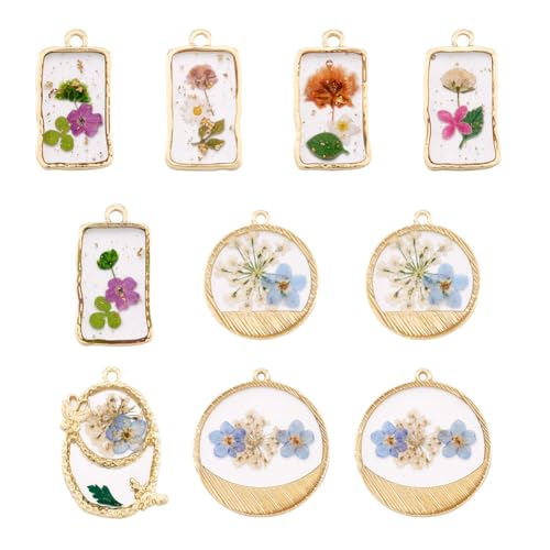 Transparent Flower Resin Charms Round Gold Edge Dried Floral Pendants Flat Round Clear Gold Foil Floral Charms for Necklace Bookmark Keychain Jewelry Making - color: Flower-9