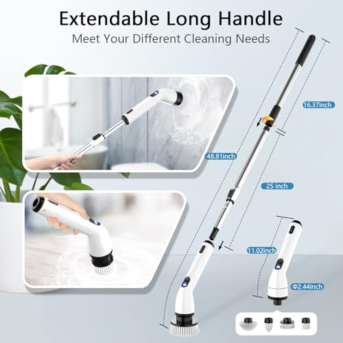Electric Spin Scrubber, Full-Body IPX7 Waterproof Bathroom Scrubber with Power LCD Display, 8 Replacement Head, Adjustable Extension Handle, Cordless Shower Cleaner Brush for Bathtub Cleaning - color: Grey White