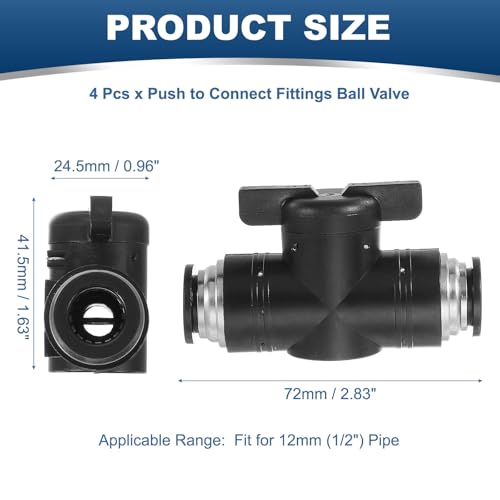 PATIKIL 12mm (1/2") Push to Connect Fittings Ball Valve, 4 Pcs 0-60 Degree BUC Air Flow Control Valve Quick Straight Connectors Air Hose Fitting for Pneumatic System Pipeline, Black - size: 12mm (1/2")