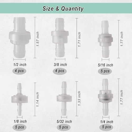 28 Pcs Plastic Check Valves, Plug-in Barb One Way Vacuum Check Valves for Liquids and Gases (1/8, 5/32, 1/4, 5/16, 3/8, 1/2 inch)
