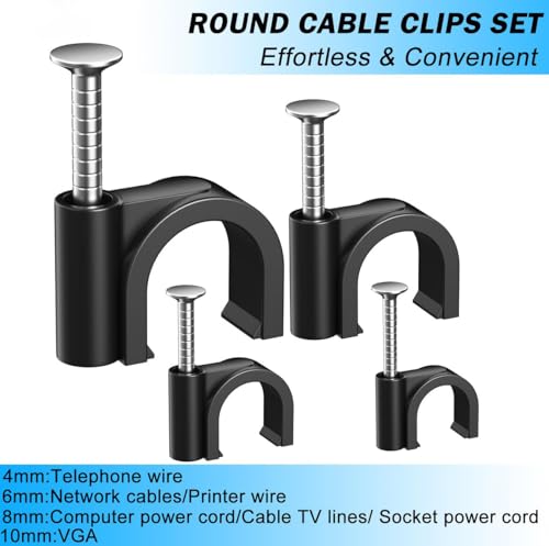 400 Pcs Black Cable Clips 4/6/8/10mm Nail in Cable Clips Cable Wire Clips Cable Tacks Coaxial Nail Clamps Cable Nails for Cords Cable Management RG6 RG59 CAT6 RJ45 Ethernet Cable Clips