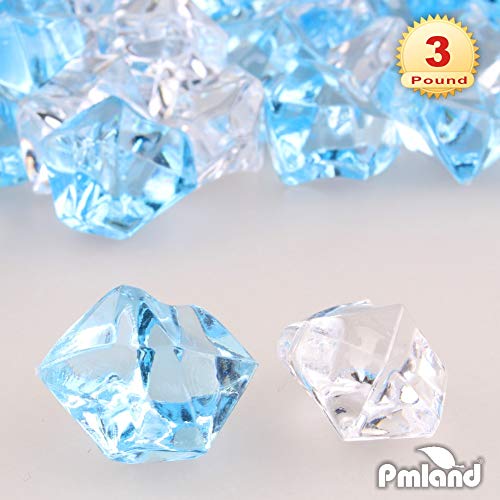 PMLAND Clear Fake Ice Rocks – 550 Pcs Large Mixed Light Blue Acrylic Gems Crushed Plastic Diamonds, 3 Lbs / 2.25 Quarts Bulk Vase Filler for Centerpieces Wedding Theme Décor Aquarium Table Scatter - color: Light Blue/Clear Blend