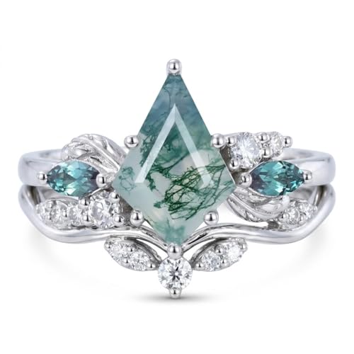 Natural Moss Agate Engagement Ring Set for Women, Unique Genuine Moss Agate Ring, 925 Sterling Silver 10K 14K 18K Solid Gold Nature Inspired Bridal Set, Boho Wedding Jewelry Gift - color: One