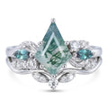 Natural Moss Agate Engagement Ring Set for Women, Unique Genuine Moss Agate Ring, 925 Sterling Silver 10K 14K 18K Solid Gold Nature Inspired Bridal Set, Boho Wedding Jewelry Gift - color: One