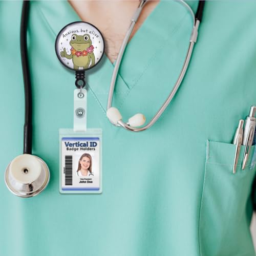 Cute Frog Badge Reel, Mental Health ID Holder Retractable Badge Clip for Nurses Students Medical Staff, Funny Office Gifts - color: Anxious But Alive
