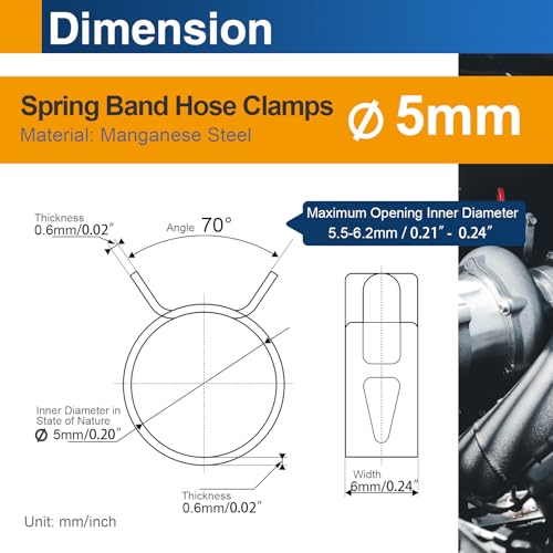 5mm (0.2") Spring Band Hose Clamps, 30 Pack Mini Hose Clamps for 4.5-5.5mm OD Fuel Line, Aquarium Tubing, Small Air Tubes & Silicone Hose - size: 5mm