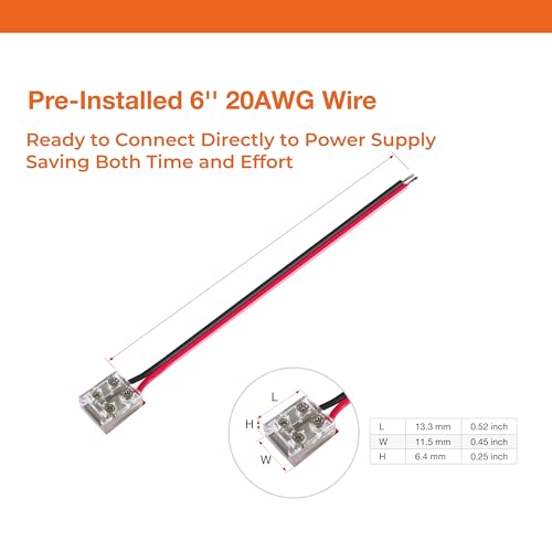 2-Pin Solderless Power Connector for 10mm LED Strip Lights, with Pre-Installed 6'' 20AWG Wire and 3M VHB Adhesive, 10mm LED Tape Light Connector, for Quick, Secure Connection (Pack of 10) - style: Power Connector