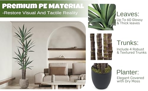 Roselywed Artificial Agave Plant 7FT with 60 Leaves & 4 Trunks & Elegant Black Pot Realistic Tall Large Fake Faux Modern Tree 82 Inch for Indoor Home Office Porch Mall School Decor Housewarming Gift - size: 7ft