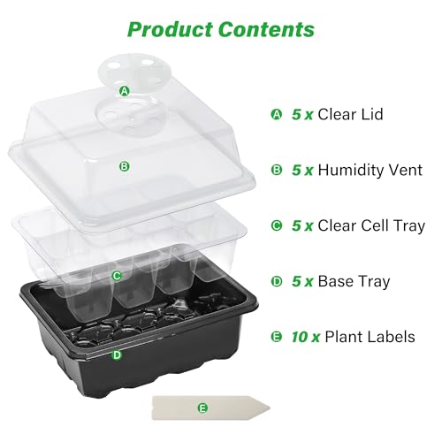 Bonviee 5-Pack Seed Starter Tray Seedling Kits,Plant Starter Kit with Adjustable Humidity Dome and Base Indoor Greenhouse Mini Propagator for Seeds Growing Starting (12 Cells per Tray,Black) - color: Black, size: 5 Packs, NO light