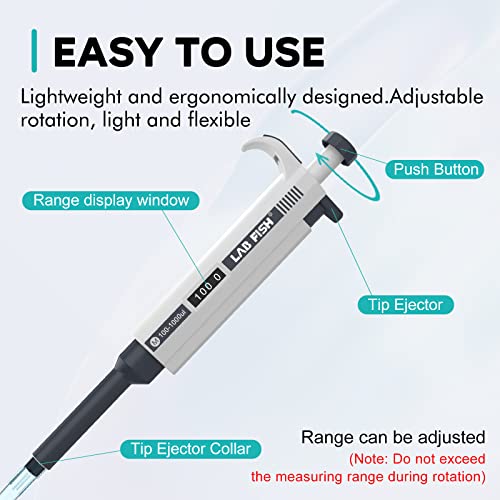 LAB FISH Laboratory Micropipette 100-1000ul Capacity Range High Accurate Single Channel Pipettor Manual Adjustable Volume Pipettes Increment 5ul with 200pcs 1000ul Pipette Tips Set - style: 100-1000ul Set