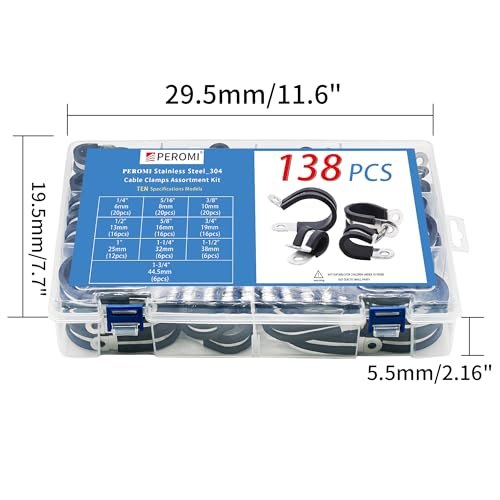 Cable Clamps Assortment Kit, 138PCS, 10 Sizes, 1/4"-1-3/4" | 1/4" 5/16" 3/8" 1/2" 5/8" 3/4" 1" 1-1/4" 1-1/2" 1-3/4", P Clamps, 304 Stainless Steel, Rubber Cushioned Insulated - size: 10 Sizes(6mm-45mm)138pcs