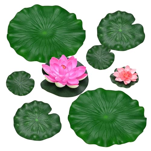 M METERXITY 1-Set Artificial Floating Foam Lotus Flower with Water Lily Pad, 4/7/11 Inch Fake Lotus Flowers Water Lilies for Pool/Fountain/Garden Decor, Pond Plant Ornament [Pink, Light Pink] - color: Pink, Light Pink, size: 6.7/3.9 Inch