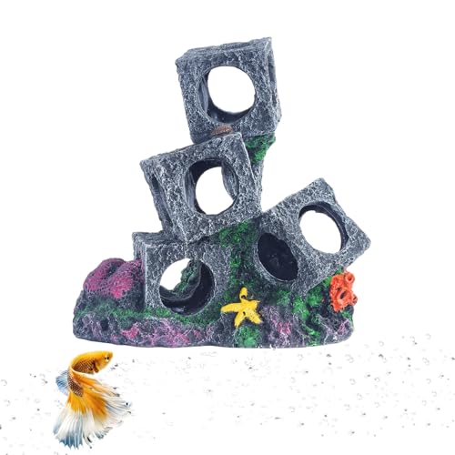 Saim Aquarium Decorations 3 Stacked Stone Cave Hideaway for Aquatic Pets to Breed, Play and Rest, Decor Stone for Betta, Gold Fish Hideout - No Moss