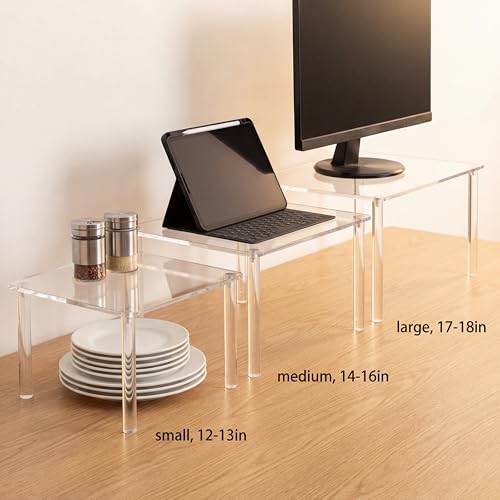 RattanView 3 Pcs 16, 15, 14 Inch Acrylic Risers Display Stands Rectangular 4-leg Acrylic Plant Stand, 6mm Thick Clear Shelf Riser Display Stands for Decor Collectibles Figures and Item Photography - size: 16×10×8 In，15×9×7 In， 14×8×6 in