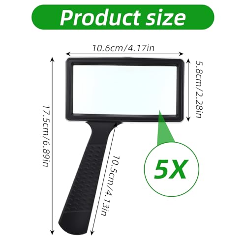 Book Magnifier Black Handheld 5X Magnifying Glass, Rectangle Reading Glass Magnifier Gadgets for Seniors, Large Scratch-Resistant Magnifying for Readings Hobbies Repair Observation