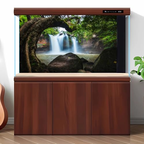 Waterfall Aquarium Background Jungle Forest Lake Stream Natural Landscape Fish Tank Background Tropical Plants Huge Rock Terrarium Backgrounds Jungle Old Trees Falls Reptile Tank Backgrounds 24x12in - color: Black_Green, size: 24(W)x12(H)inches/ 60(W)*30c