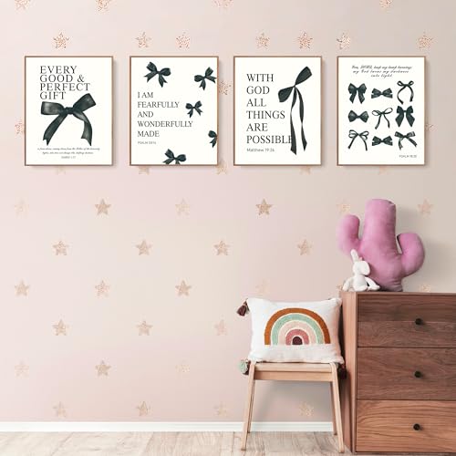 LARTSFRO Coquette Black Bow Christian Gifts Wall Art Decor Posters for Women, Black Bow Bible Room Bedroom Bathroom Dorm Wall Art Decor Aesthetic for Teen Girls Gifts, Inspirational Bible Verses Bow Wall Decor, 10x8 Inch Set of 4 Pcs Bow Pictures (UNFRAME