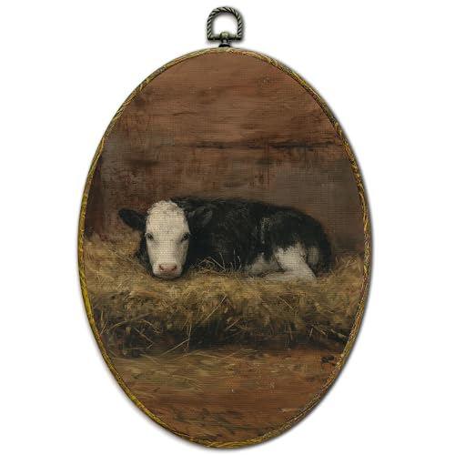 XFCICRLJ Vintage Farmhouse Cow Wall Art Decor, Rustic Country Oval Canvas Prints Framed, Cottagecore Cow Farm Animals Wall Art Decorations for Home Bedroom Living Room Decor, 11x8.5 Inch - color: Cattle01