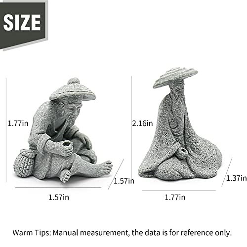 2PCS Mini Sitting Fishing Figurines Sandstone Vintage Ornament Japanese Decor for Fish Tank Pot Garden Home Aquarium Mini Fisherman Statue Asian Zen Decorations - size: Small Size