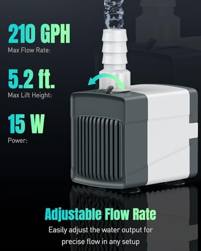 Pawfly 210 GPH Fountain Pump, 15 W Submersible Water Pump with 5.2 ft. High Lift and 4 Nozzles, Quiet Water Fountain Pump for Aquarium Fish Tank Waterfall Pond & Hydroponics - style: 210 GPH