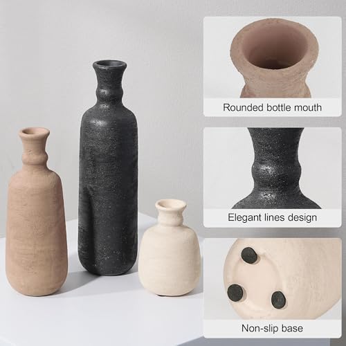 Ceramic Vase Set, 3Pcs Flower Vases for Modern Boho Farmhouse Decor, Decorative Vases for Pampas Grass & Dried Flowers, Distressed Finish - color: H