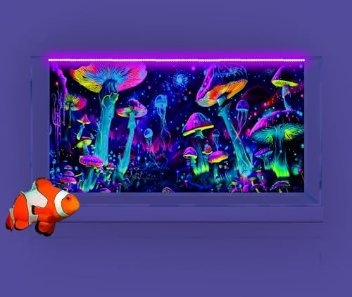 30X12IN Blacklight Aquarium Background UV Reactive Mushroom Background Starry Sky Terrarium Background with 10 EVA Double-Sided Tape - size: 30X12in/75X30cm