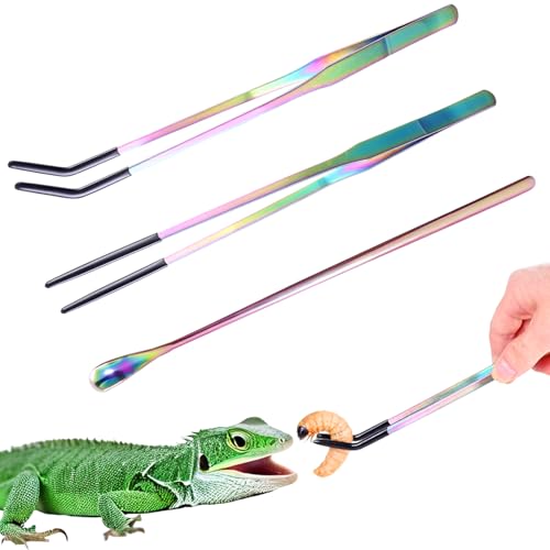 3 Pack Stainless Steel Reptile Feeding Tongs, 10.6" Straight & Curved | Rubber Tip and Spoon, Tweezers for Aquariums & Crafts, For Bearded Dragons & Lizards, Terrarium Tank Supplies