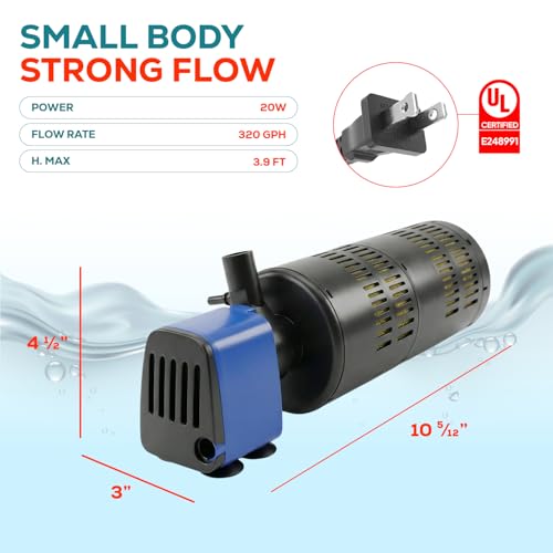 Aqua Dream 320 GPH Internal Aquarium Filter - 3 in 1 Submersible Powerhead Pump with Air Oxygenation & Sponge Filtration, 20W High-Performance Water Cycling Pump for Fish Tanks - 1 Pc - color: Blue; 1 Pc, size: 320 GPH with Filter