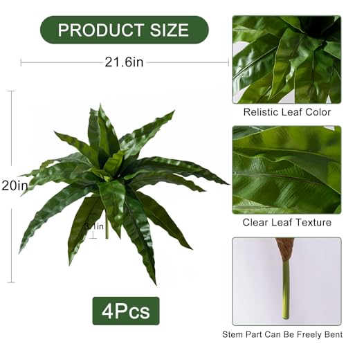 4 Pcs Artificial Greenery Stems Fake Bird Nest Fern Faux Branches Artificial Plants Realistic Fake Dracaena Realistic Plants for Indoor Outdoor Porch Patio Home Office Living Room Decor (Dark Green) - color: Dark Green