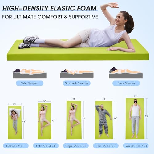 CYMULA 3 Inch Memory Foam Camping Pad, Camping Essentials Roll Up Floor Mat for Car Camping, Cot, Tent, Truck, Travel and Guest Use, Non-Slip Waterproof Bottom, Removable Cover - color: LIGHT GREEN, size: Small Cot:63*25*3