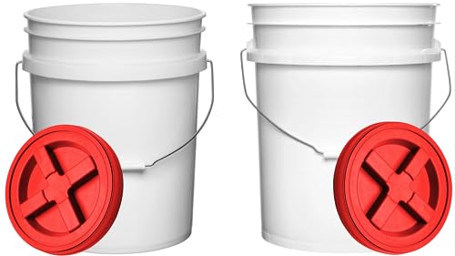 House Naturals Food Grade 5 Gallon Made in USA Plastic Bucket with Air Tight Screw on Lid (White Buckets with Red Lids) - color: White Buckets With Red Lids