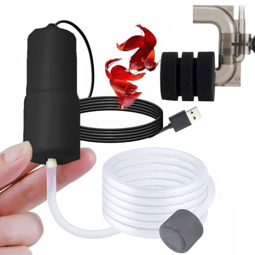 USB Oxygen Air Pump for Aquarium, Quiet Mini Air Pump with 1 Mini Single Sponge Filter, 1 Air Stone for Shirmp Nano Fish Tank & Transporting Aquatic PA152-5