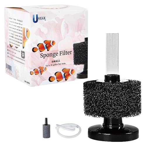 UNEAK Small Aquarium Sponge Filter Fish Tank Silent Filteration Breeding Fry Betta Shrimp Nano Tank Accessories Air Stone 4-inch Airline Tubing up to 10 Gallon - size: Small