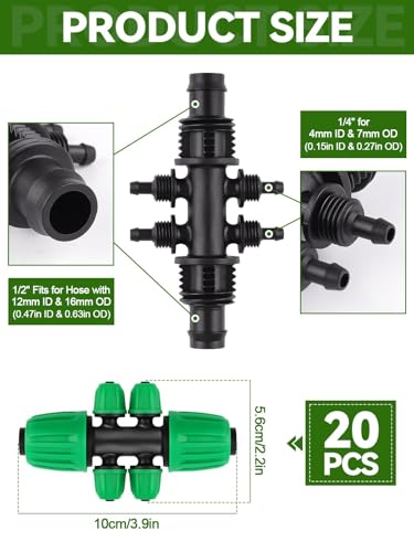 Kalolary 20PCS Locked Barbed Tee Connectors, 1/2” to 1/4” Drip Irrigation Fittings Kit 12/16mm to 4/7mm Tube Lock Female Connector 6-Way Barbed Lock Irrigation Parts for Watering System (Green) - color: Green 1/2" to 1/4" 6-Way