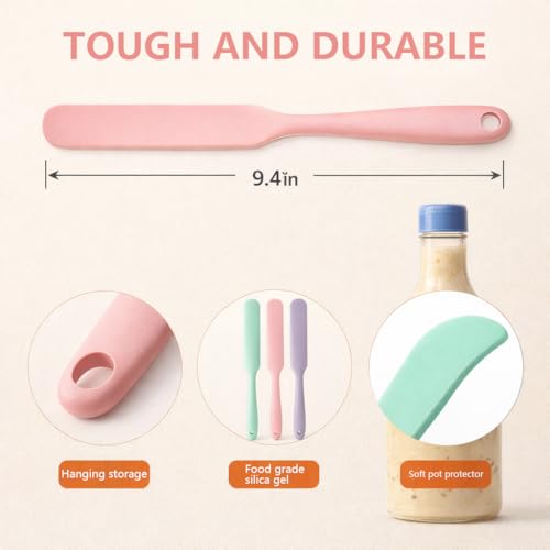Opasyo 3 pcs Silicone Jar Spatula -Skinny Silicone Spatula, Long Handle Rubber Scraper for Sourdough Starter & Blender, Heat Resistant Skinny Spatula for Peanut Butter & Makeup, Reaches Bottom of Jars