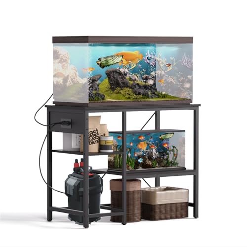 BEURUKU 40-50 Gallon Fish Tank Stand with Power Outlet & LED Light, Metal Aquarium Stand with 3 Tier Adjustable Storage Shelves, Tank Stand for Reptile Tank, Turtle Tank, 36" L*18.5" W, Black - color: Black, size: 40-50 Gallon