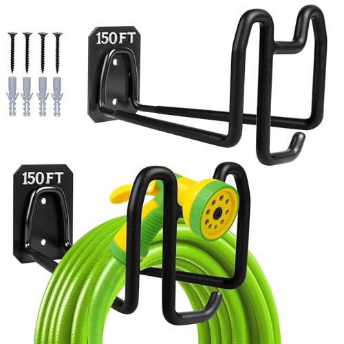 2pcs Hose Holders for Outside - Upgraded Garden Hose Holder with Hook, Metal Garden Hose Hanger Wall Mount Heavy Duty Hose Hangers for Outside for Yard Lawn Storage - color: 2pc Black