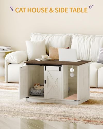 Hzuaneri Cat Litter Box Enclosure, Hidden Litter Box Cabinet Furniture with Bell, Indoor Cats House, Farmhouse Style, 31.5 x 19.7 x 20.9Inches, for Hallway, Bedroom, Rustic Brown and White CB82414X - color: Rustic Brown and White, size: 31.5"L x 19.7"W x