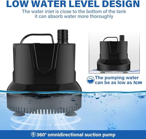 Simple Deluxe 800GPH 60W Bottom Suction Water Table Pump (3000L/H) with 3 Nozzles for Fish Tank, Pond, Aquarium, Hydroponics, Black - size: 800GPH-BOTM