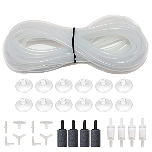 ALEGI 25 Feet 3/16 Inch Standard Aquarium Silicone Airline Tubing with Air Stones, Check Valves, Suction Cups and Connectors for Fish Tank, Hydroponics (Semi-Transparent) - color: Semi-Transparent