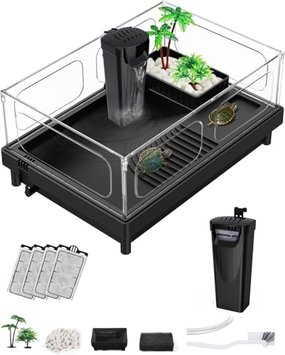 MoonOrange Small Turtle Tank, Aquarium, Acrylic Terrarium with Basking Platform, Bottom Drainage, Multi-Function Areas for Turtles, Crabs, Crayfish, Reptiles (Black+Filter) - color: Black (+Filter)