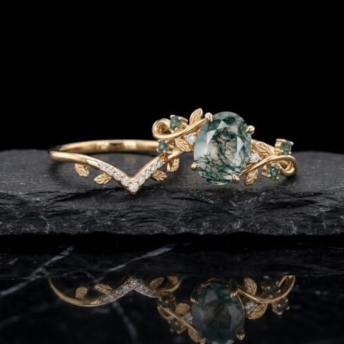 Natural Moss Agate Engagement Ring Set for Women, Unique Genuine Moss Agate Ring, 925 Sterling Silver 10K 14K 18K Solid Gold Nature Inspired Bridal Set, Boho Wedding Jewelry Gift - color: Five