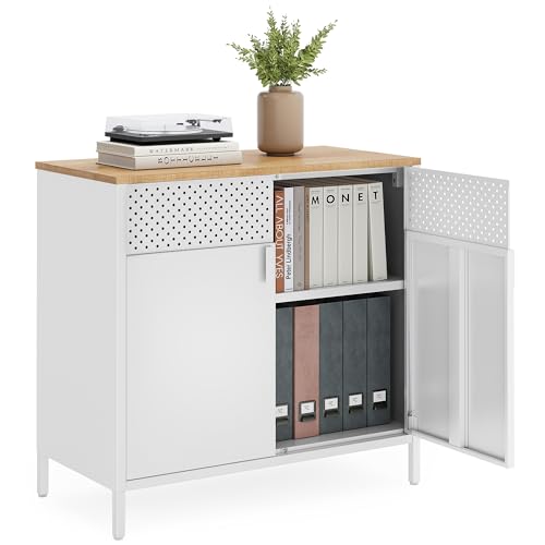 SONGMICS Storage Cabinet, Metal Cabinet, Sideboard with 2 Doors, 15.7 x 31.5 x 29.9 Inches, Magnetic Closure, Adjustable Shelf, Steel Frame, Natural Beige and White ULSC102W57 - color: Natural Beige + White, size: 31.5"W, style: 1 pack