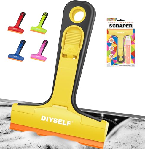 DIYSELF Plastic Razor Blade Scraper, 1 Pack Plastic Scraper Tool with 5 Pcs 4-Inch Plastic Razor Blades, Sticker Remover Tool and Decal Remover for Glass, Window, Labels, Adhesive, Cooktop, Tile - color: Yellow, size: 5PCS Plastic Blades
