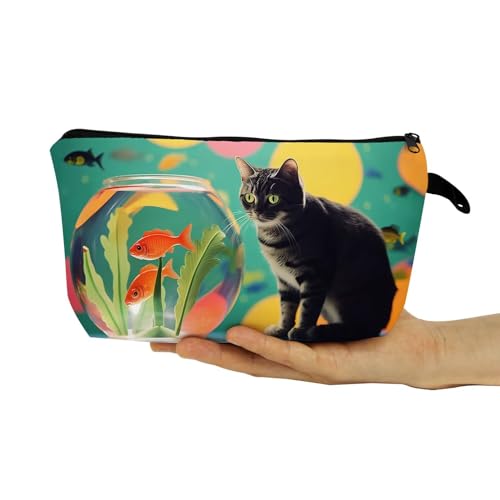Cat Near Fish Tank Makeup Bag Cute Small Organizer Bag with Zipper Cat Near Fish Tank Cosmetic Bag Aesthetic Birthday Present for Women Sisters Friends -2