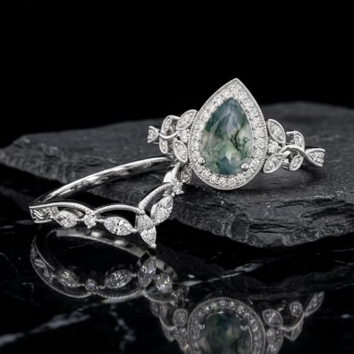 Natural Moss Agate Engagement Ring Set for Women, Unique Genuine Moss Agate Ring, 925 Sterling Silver 10K 14K 18K Solid Gold Nature Inspired Bridal Set, Boho Wedding Jewelry Gift - color: Three