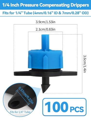 100PCS 1/4" Drip Irrigation Emitters, Kalolary 2 GPH Pressure Compensating Drippers for 4/7mm Tube Micro Sprinkler Garden Constant Water Flow Head for 8L/H Pressure Drip Irrigation Parts (Blue) - color: 2GPH Blue