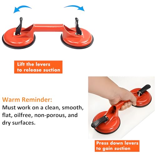 2 Pack Suction Cup Heavy Duty Aluminum Vacuum Plate Handle Glass Holder Hooks to Lift Glass, Granite, Tile, Pad for Lifting - color: 2 Pack Double Plate-Orange